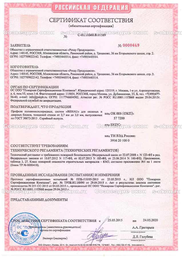 Пожарный сертификат Рехау